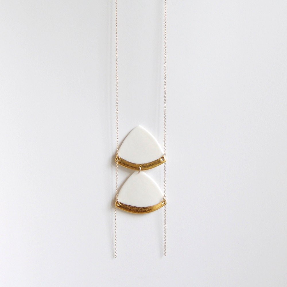C h i a r a - Feminine long necklace - White porcelain & handpainted fine gold - Modern geometric jewelry
