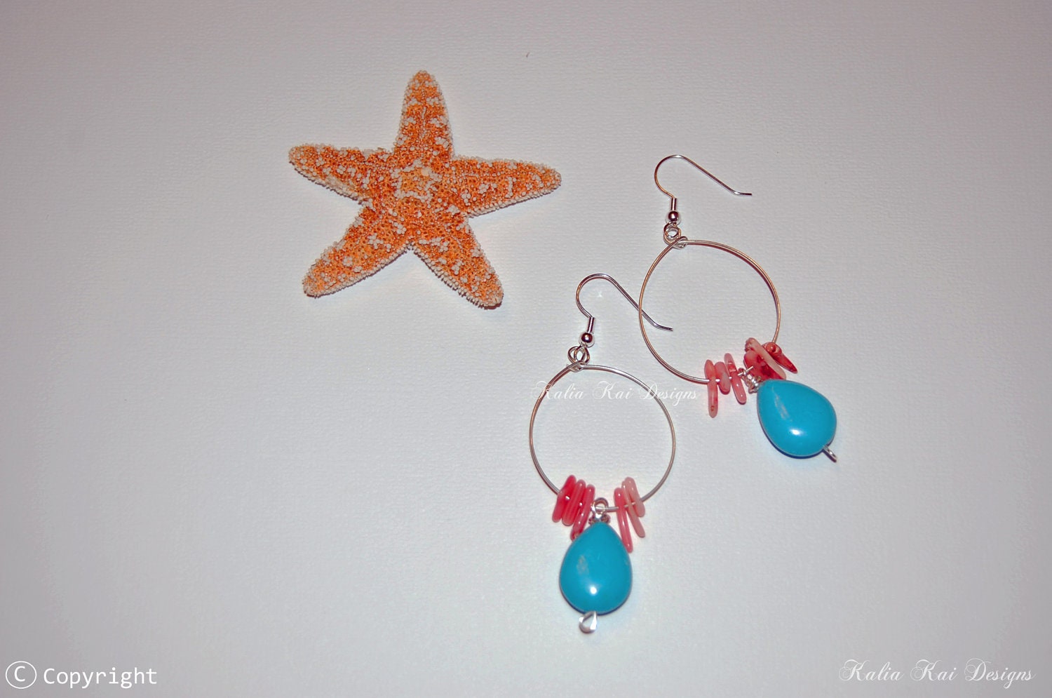 CLEARANCE SALE Pink Coral branch with wire wrapped turquoise colored beads drop hoop earrings, beach earrings, boho chic, christmas earrings