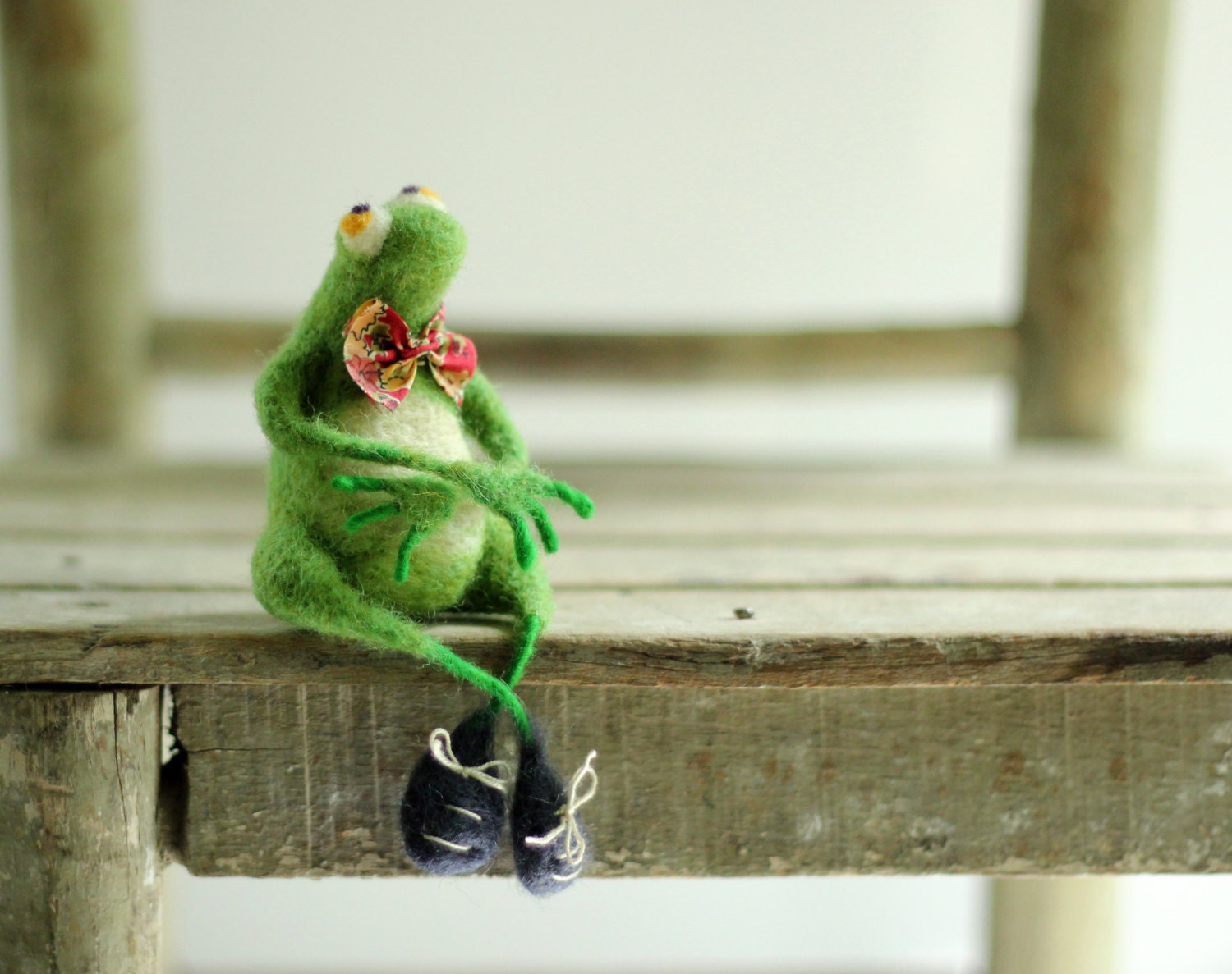 A Little Felt Green Frog With A Red Tie-Needle Felt Art Doll - Frog Miniature