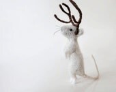 Rudy the mouse with deer antlers, handmade gray white poseable mousie doll - forestbluefactory
