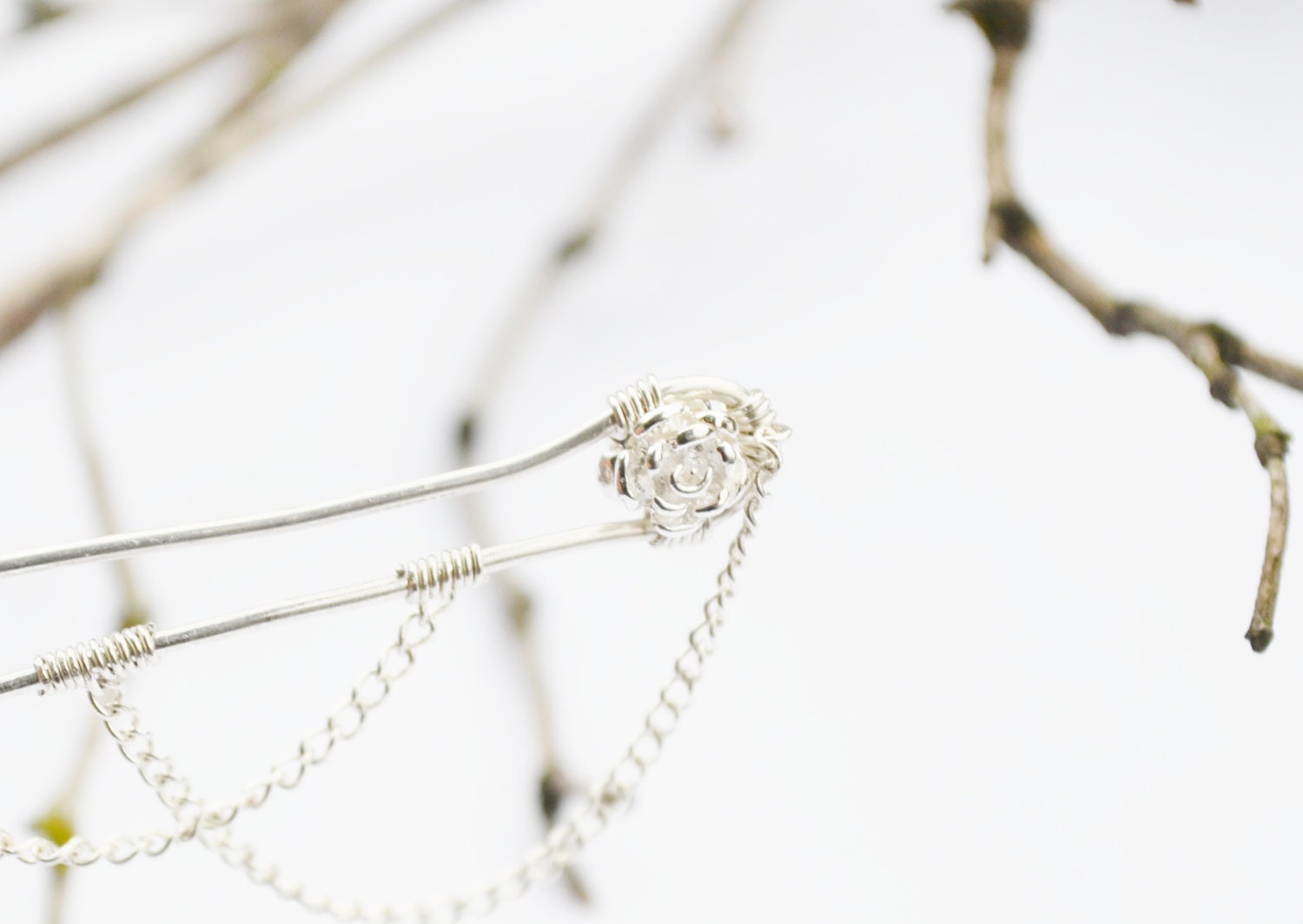 Sterling Silver Rose Hair Stick Geisha Inspired Kanzashi - Pampermousse