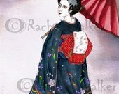8x10 matted to 11x14 New Years Geisha, kimono, ribbons, cherry blossoms, red umbrella, gifu, Japan, red obi painting by Rachel Walker