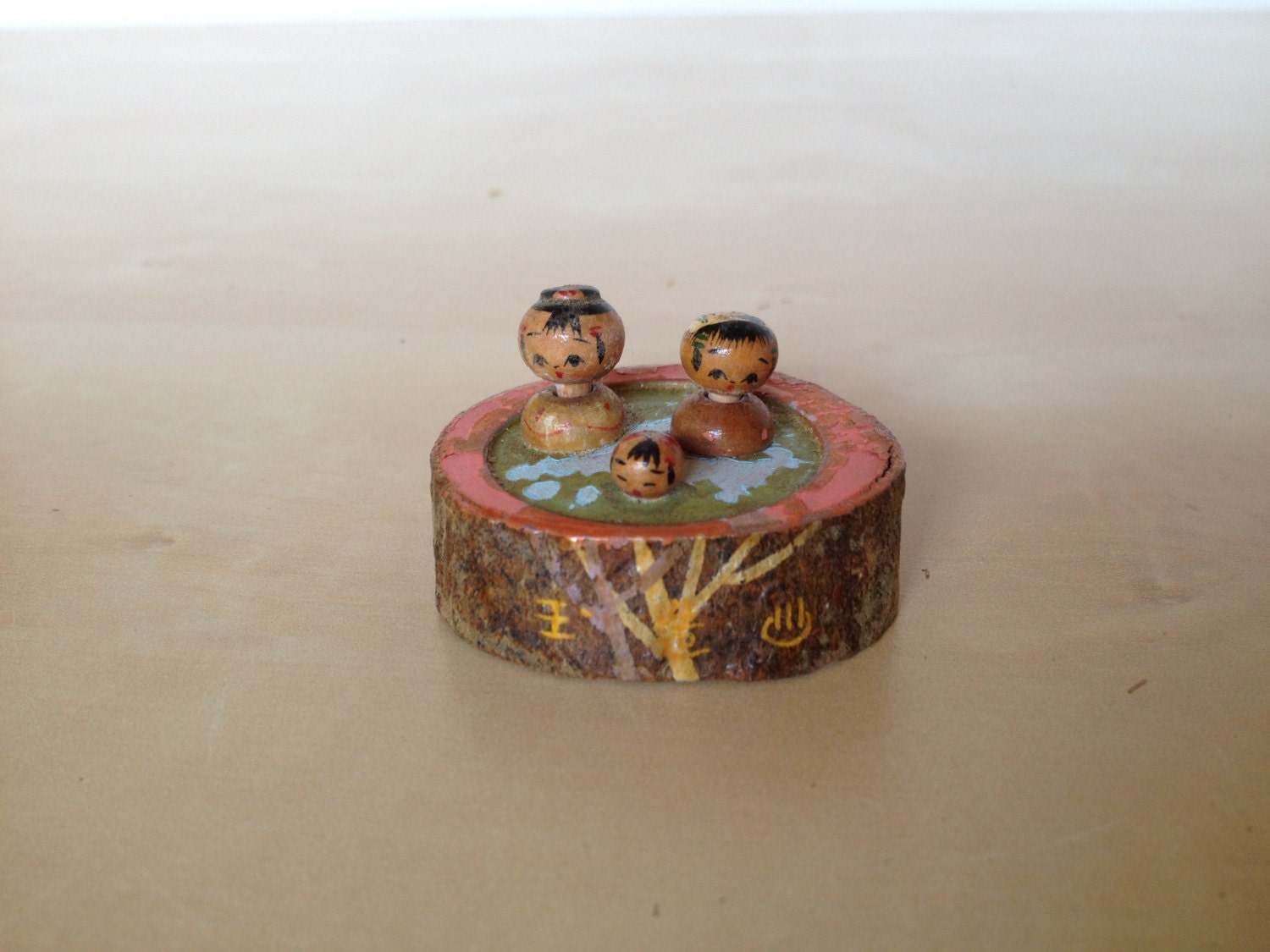 Miniature Japanese collectible vintage tiny wooden bobble head kokeshi family in bath