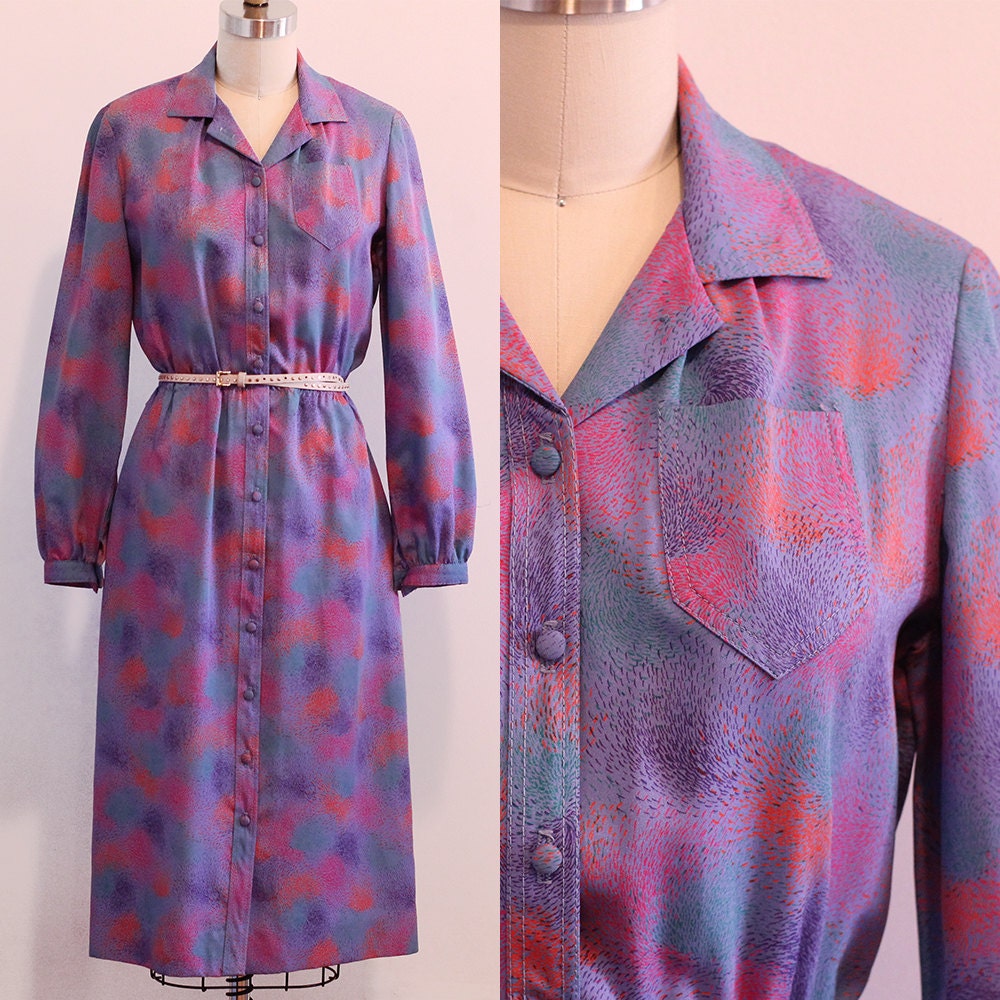 1970s Purple Fireworks Print Long Sleeved Shirt Dress