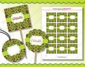 Printable Party Favor Tag Cupcake Topper Sticker 2" Editable JPG Word Damask Brown Green Elegant images 8,5 x 11" Collage Sheet cf00006-9