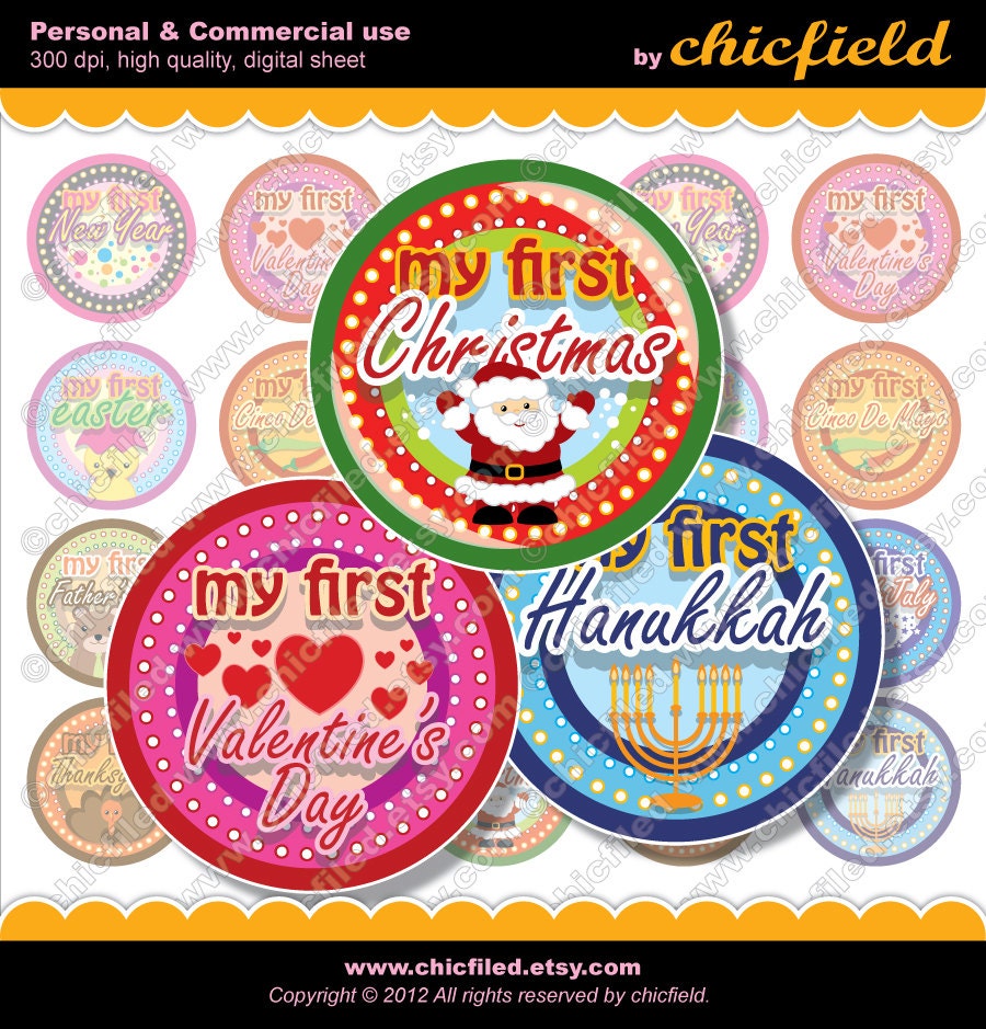 Bottle cap image My First Holidays graphics 1" circles Merry Christmas Happy New Year Printable 4x6" JPG Digital Collage Sheet cf00022-1