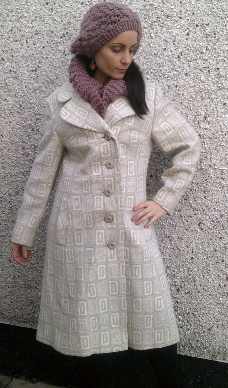 Pale grey and beige mid-length vintage wool coat size 10