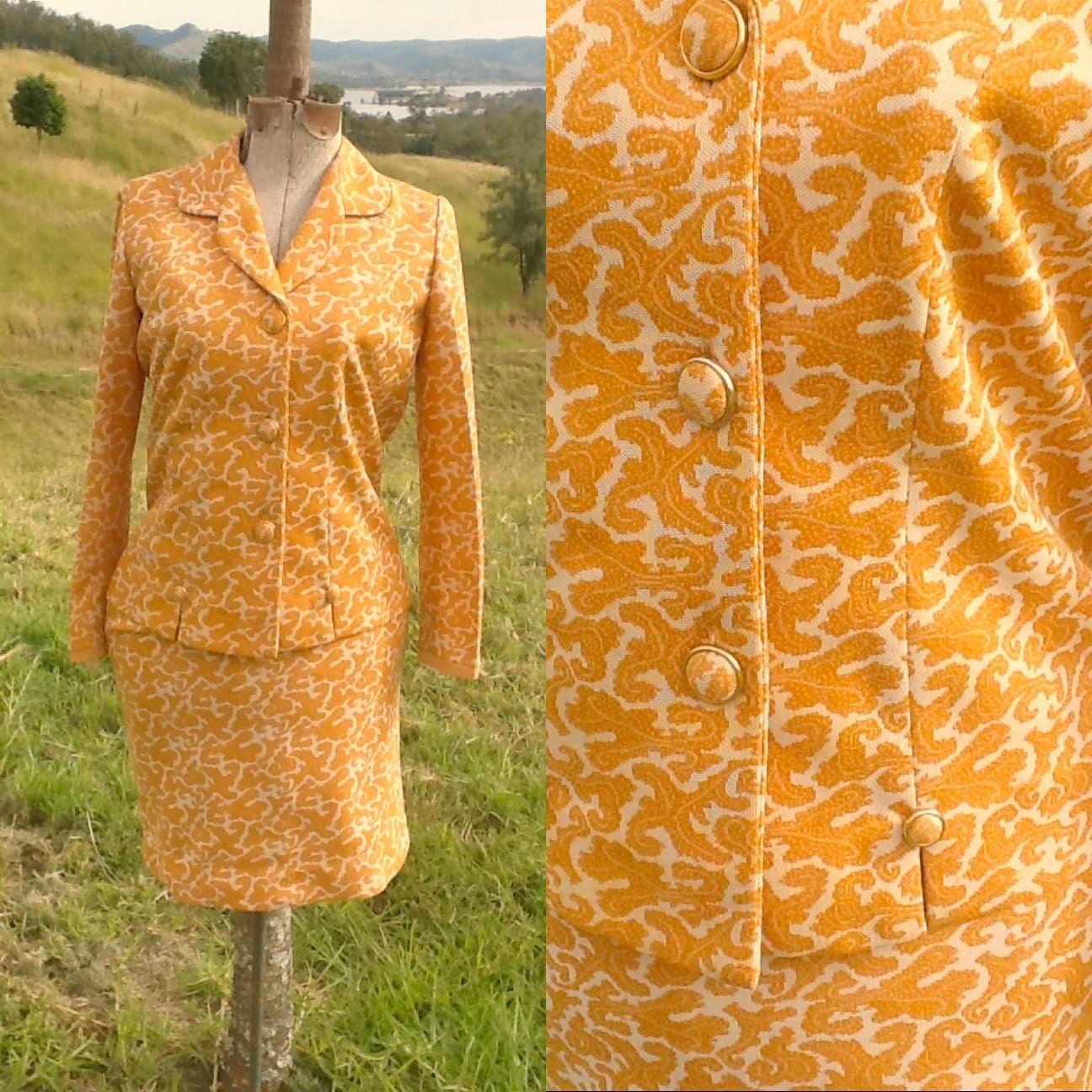 Vintage suit Jacket mini skirt fleur-de-lis print burnt orange Jackie Kennedy 60's citrus hand made handmade woman's ladies size small s 8