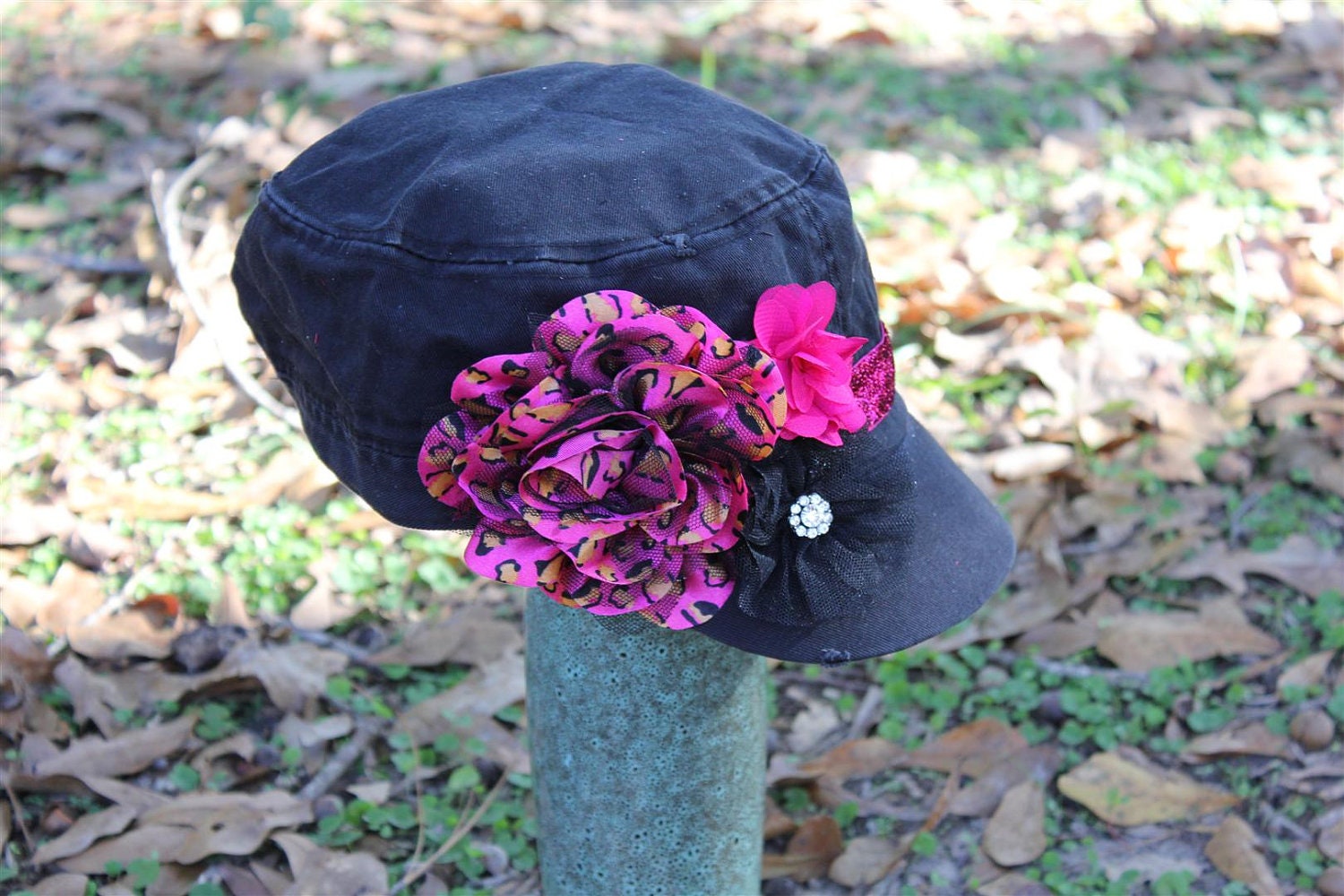 Womens Black Baseball Cap / Military Cap with Hot Pink and Black accessories
