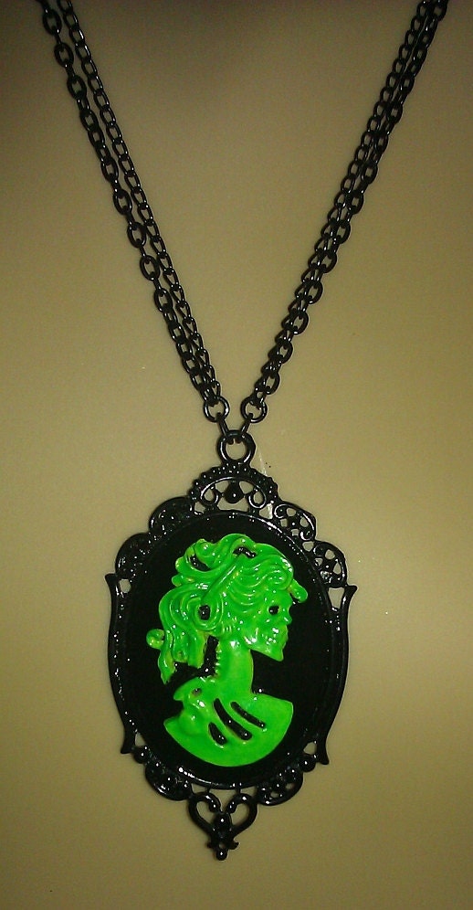 Hand-Painted Bright Green & Black Skeleton Cameo Necklace Zombie Undead Punk Chic Tattoo Rockabilly Psychobilly Horror Halloween Pendant