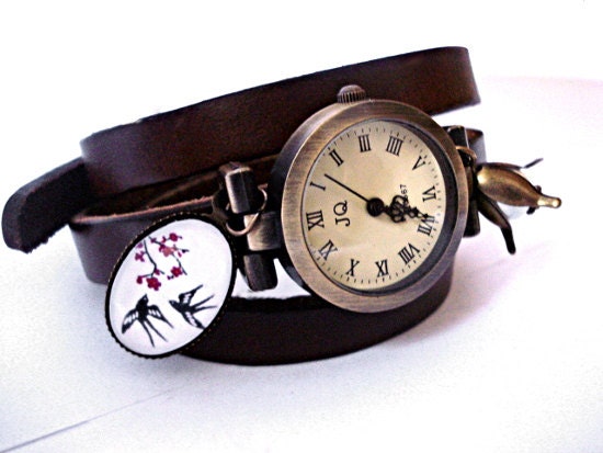 SWALLOW  WrapWatch - working bronze wrist watch, antique style, genuine leather bracelet with swallow and pearl charm