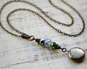 Pyrite Necklace with Peacock Glass Beads & Antique Brass Chain