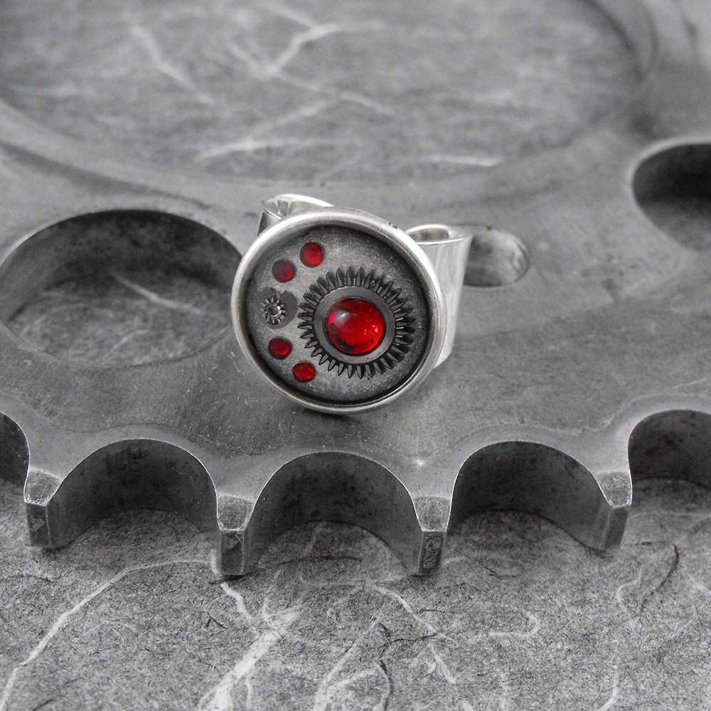 Steampunk Red Silver Heart Adjustable Ring - For the Love of Red by COGnitive Creations