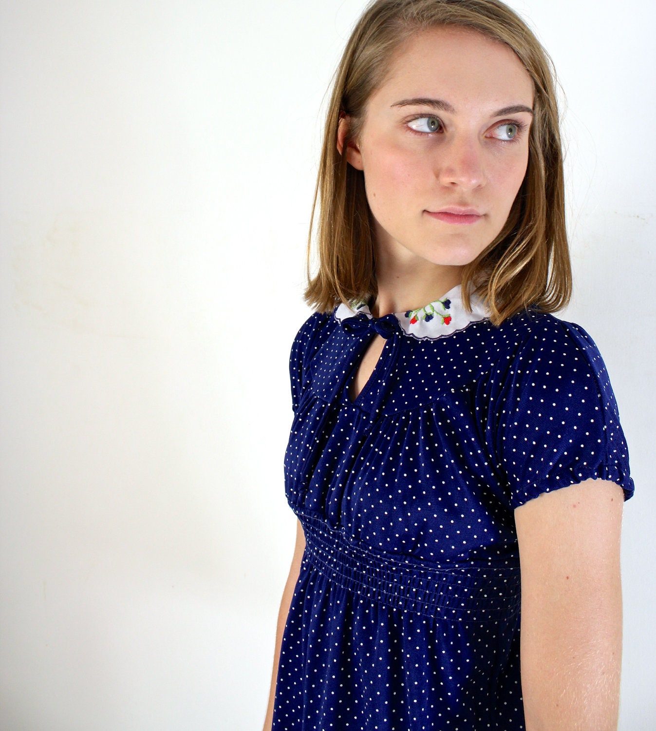 1970s Mini Dress / Swiss Dotted Dress