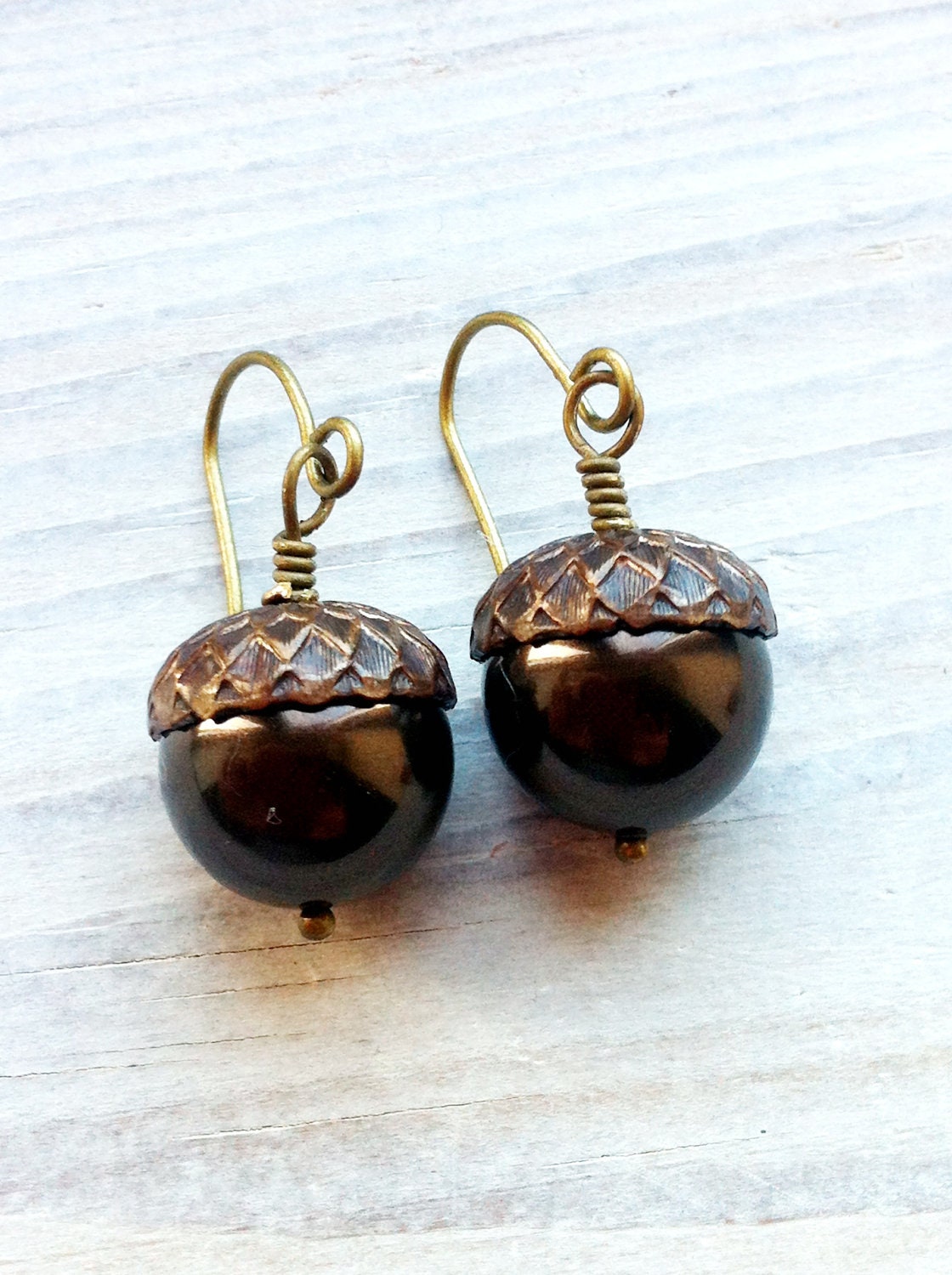 Sophia Acorn Swarovski Pearl Earrings in Espresso and Brass