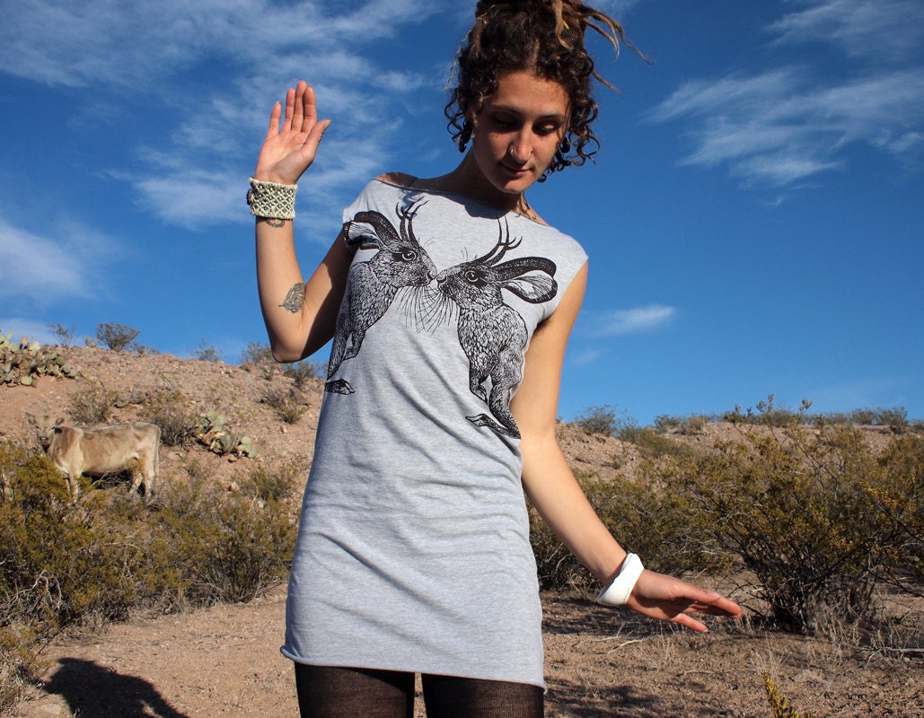 Kissing Jackalope tshirt dress - eco friendly brown ink screenprint on heather grey cotton - womens sizes S, M, L