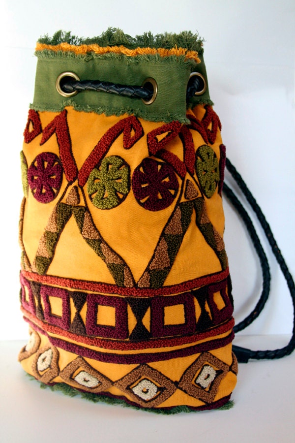 Backpack Womens Backpack Purse Earthy Embroidered Yellow Cotton Canvas Bag Leather Handles Tribal Shoulder Bag Purse Southwestern