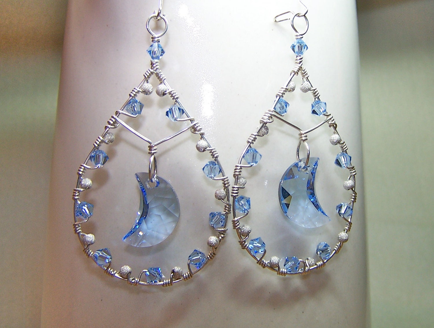 Crystal Jewelry - Crystal Earrings - Crescent Moon - Blue and Silver - Hoop Earrings with Light Sapphire Swarovski Crystal Beads - Wire Wrap