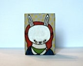 Woodland Bunny Masked girls ACEO folk art bees wax red rabbit wall art mixed media painting blue orange yellow