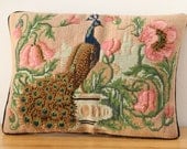 OOAK vintage peacock tapestry hand embroidered pillow cover