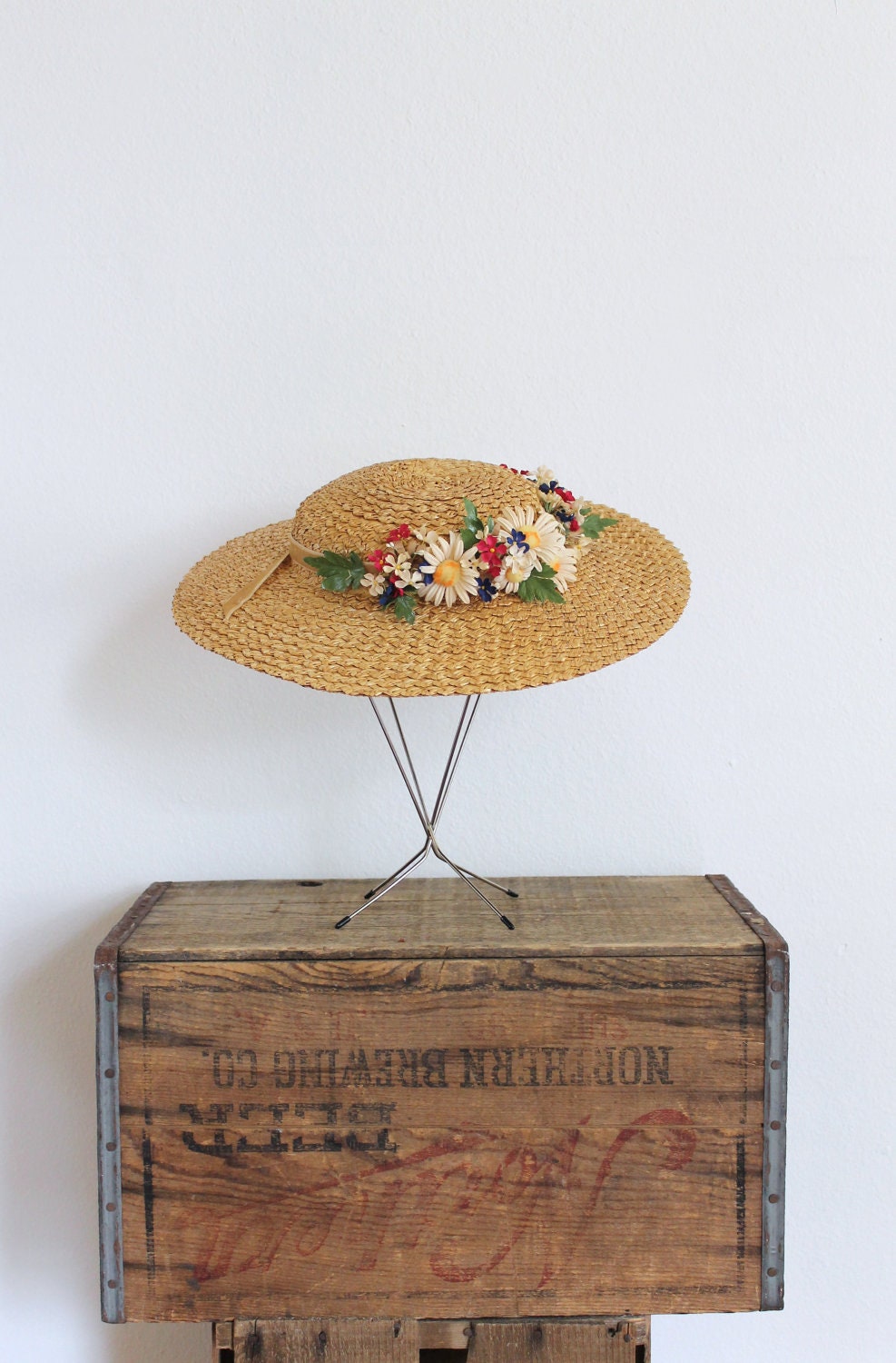 vintage 1930s straw hat 30s wide brim straw floral boater hat with millinery flowers and taupe velvet bow / to market