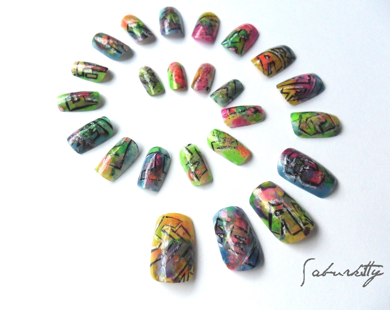 80s Street Art Nails New York City Style rainbow fingernails acrylic tips fake design neon fashion retro hip hop pop art with Glue
