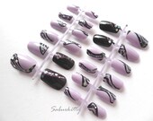 Nouveau Lavender Feather Nail Art purple black holographic fingerprint glitter artificial design 24 nails