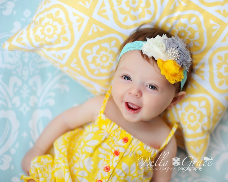 Baby Girl. Newborn Prop. Baby Headband. Gorgeous Yellow, Aqua and Gray Chiffon Flowers on Aqua Lace Headband. Comes in all sizes.