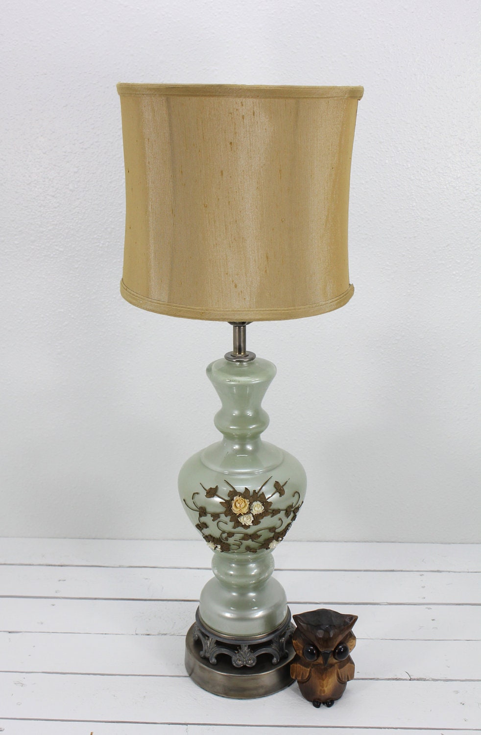 Mid Century Oversized Ornate Jade Green Glass Lamp