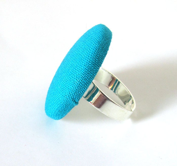 Teal ring blue green turquoise fabric covered cerulean adjustable
