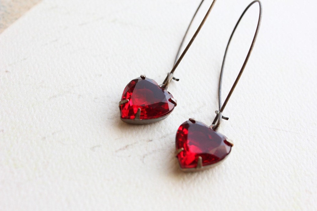 Heart Earrings, Rhinestone, Ruby Red Vintage Glass Drop, Estate Style Jewelry, Love, Valentines Days, Romantic Long Earrings, Modern Dangle