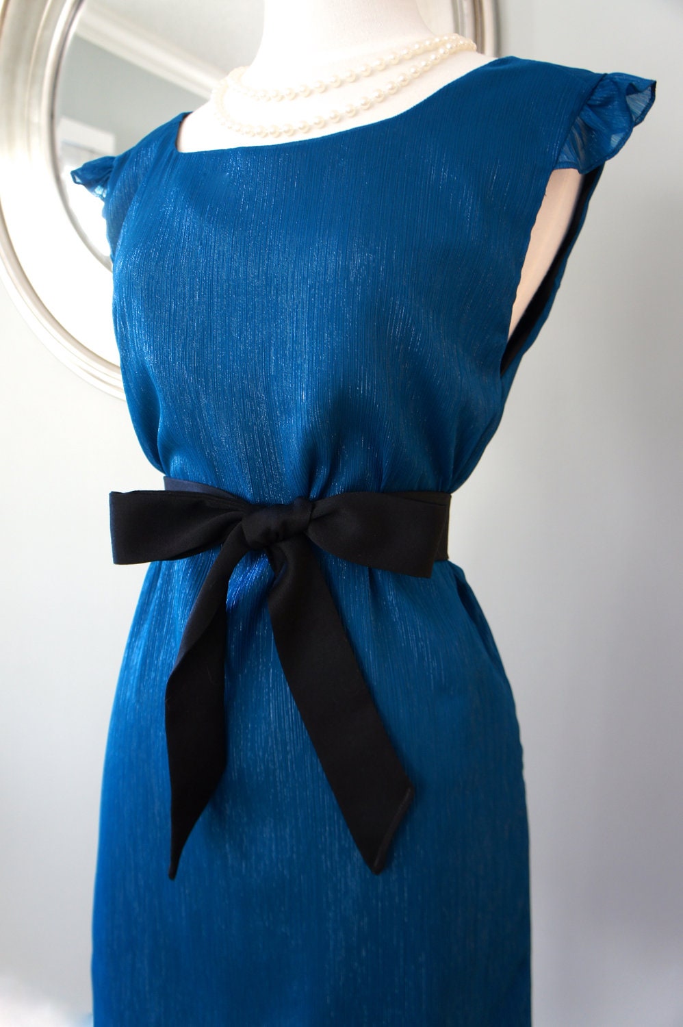 Audrey Hepburn Pull Over Style Blue Dress with Black Bow Belt - Elegant and Sophisticated Sleeveless Dress