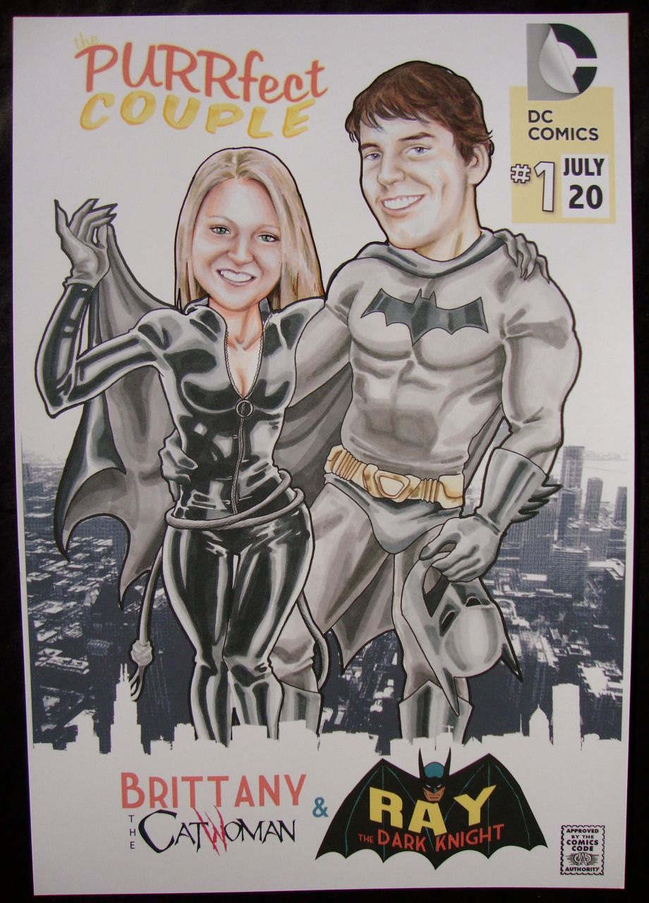 Batman and Catwoman Comic Book Couple Wedding Anniversary Superhero Custom Portrait