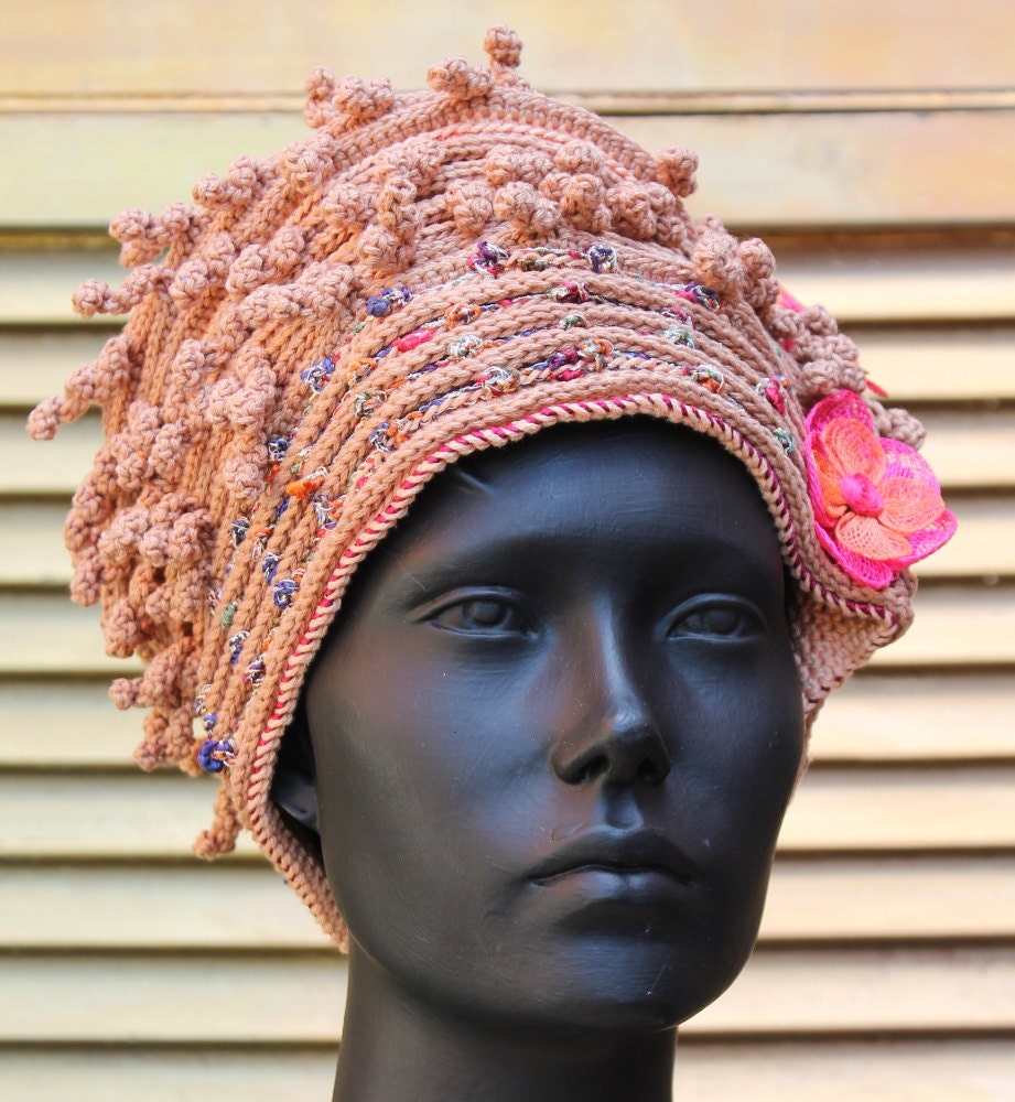 Beigy Coloured Big Crochet Hat with Three Colorful Flowers....
