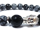 Snowflake Obsidian and Onyx gemstones Beaded Bracelet  with Silver Buddha Bead for MEN Unisex