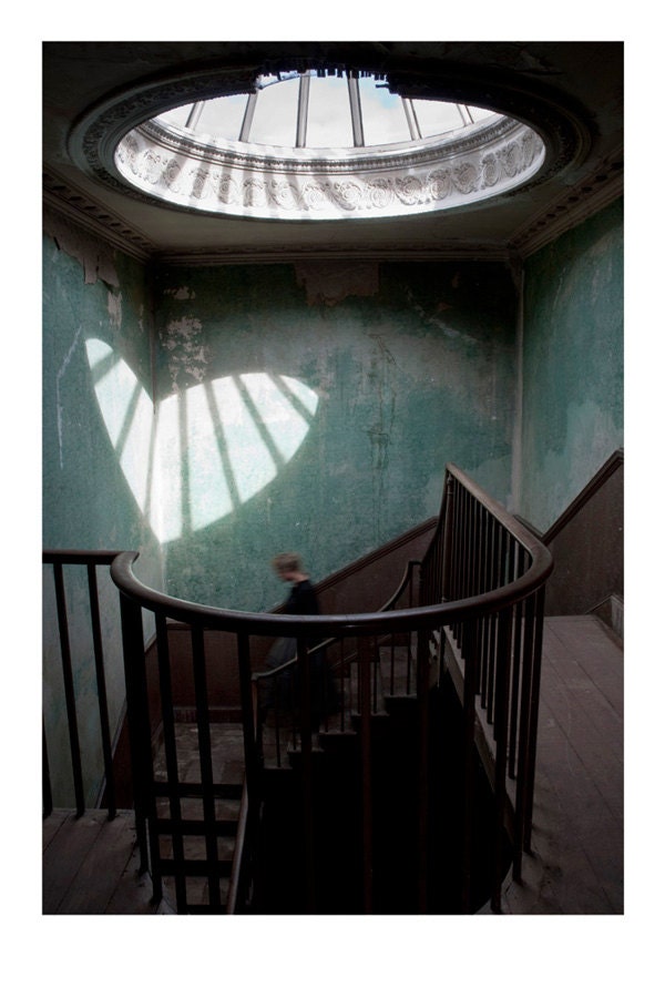 Surreal Valentine's Day art photograph, heart artwork, Jane Eyre figure & Dickensian teal staircase. English home decor. 12x8 photo print
