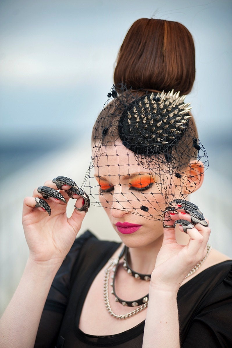 Spiked Tear Drop Fascinator with Dotted Veil, Punk Chic Cocktail Hat, by LENA QUIST