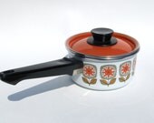 Mod Enamel Saucepan with Lid Orange Flowers Enamelware Cookware Pot Avocado Green and Burnt Orange Retro Floral Graphics Design
