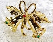Vintage Christmas Brooch / Pin, Gold Bow Holly Leaves Bells, Red Green Enamel, 1950s 1960s Mad Men, Holiday Costume Jewelry