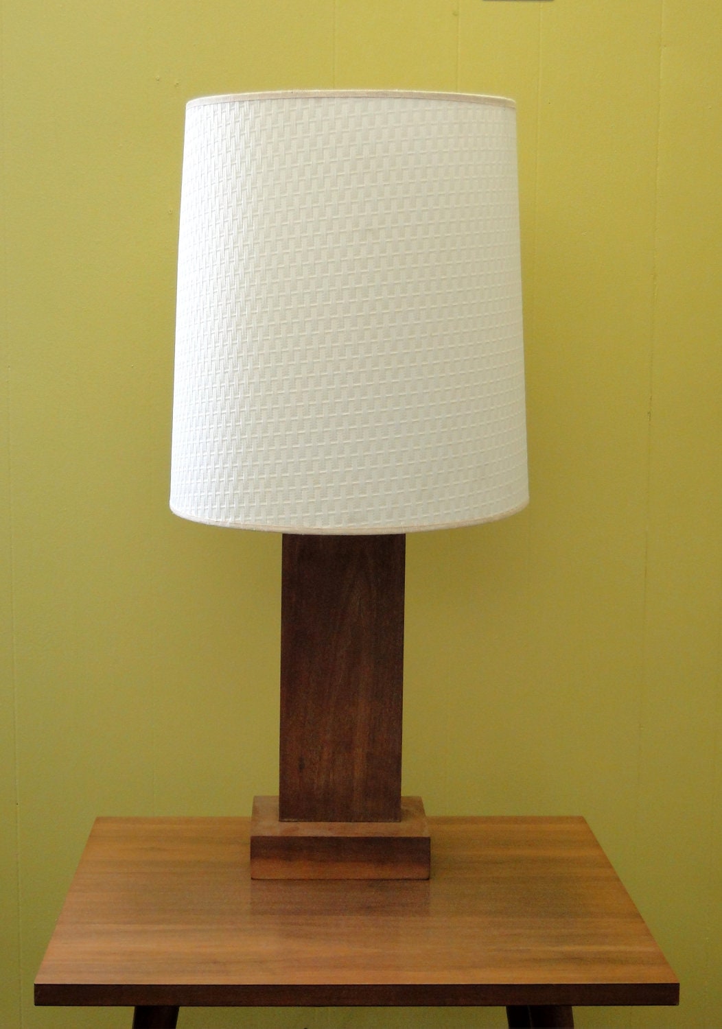 Mid Century Walnut Table Lamp and Drum Shade Modern Vintage