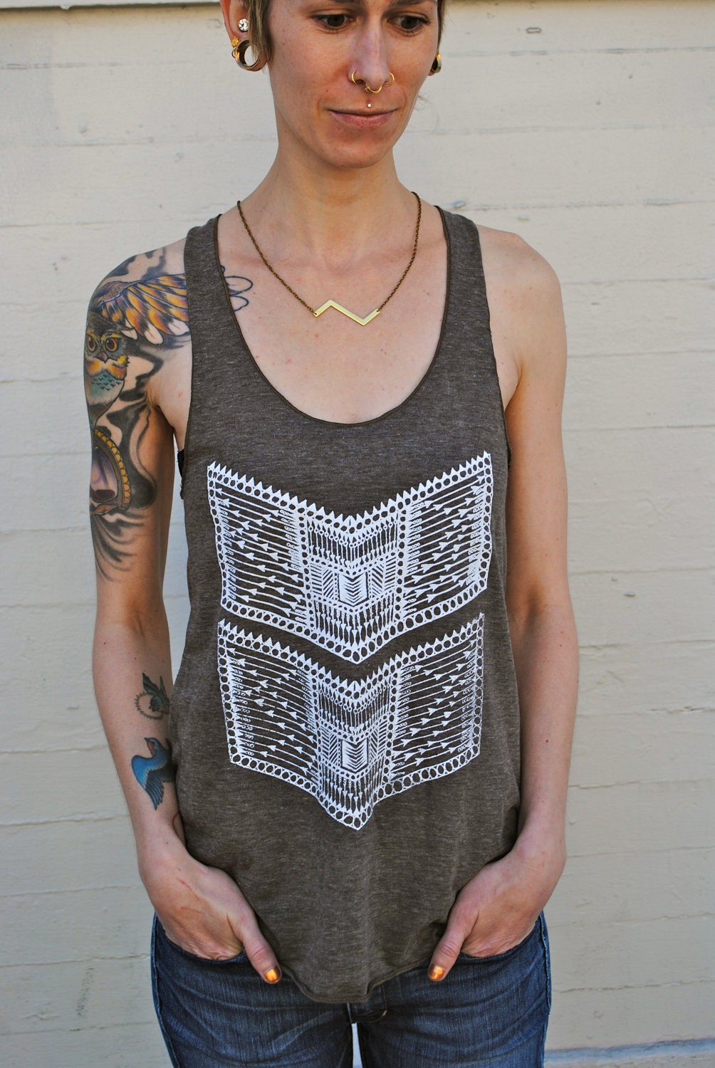 DOUBLE CHEVRON Bohemian Racerback Tank in Tri-Blend Coffee