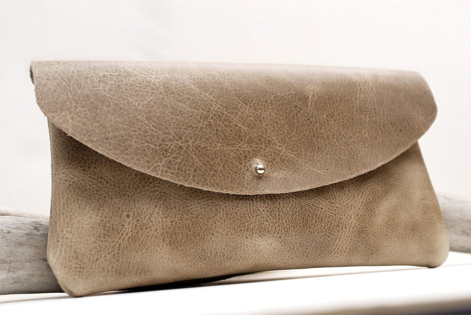 Taupe leather clutch bag. Oiled leather by JustWanderlustShop
