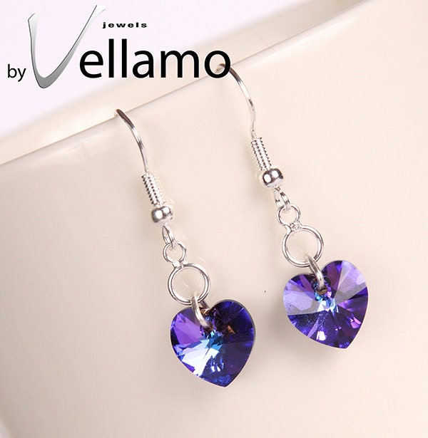 Sterling silver earrings with purple heart Swarovski crystals, modern, fashion earrings, Heliotope effect