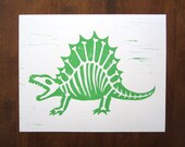 Dinobones Art Print - Dinosaur with Bones - 8x10 Linocut - Green