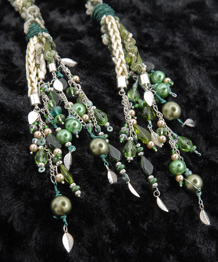 Handfasting cord in shades of green and cream, with Swarovski crystals and silver leaves