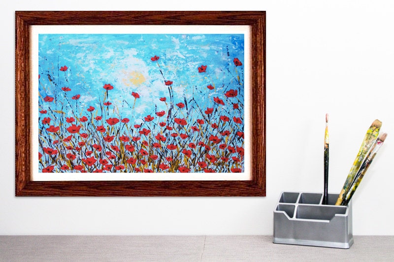 Red Poppy Painting Print Blue and red abstract modern floral landscape painting reproduction poppies flowers Home decor wall art A3 size