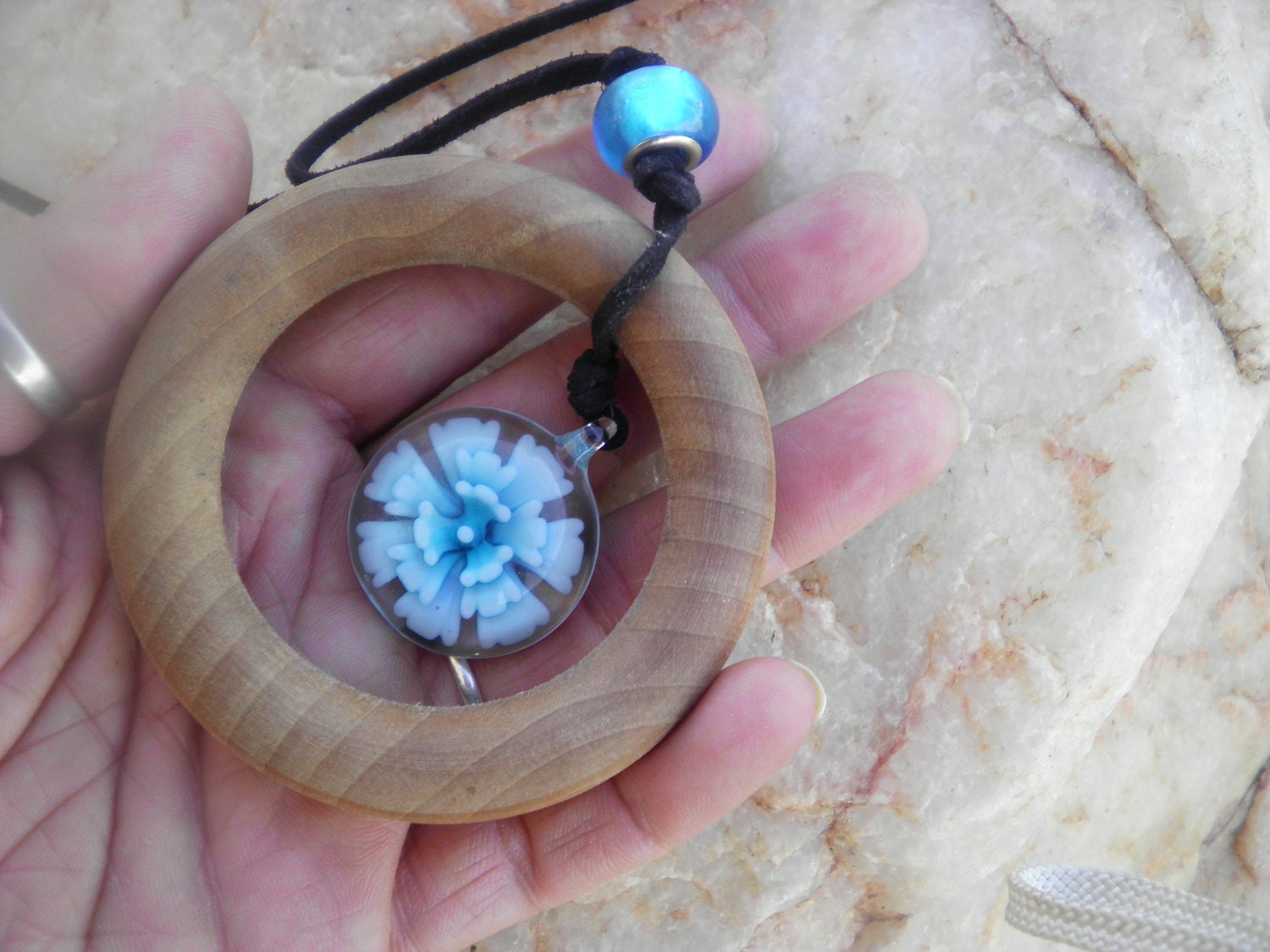Natural Wooden Teething Ring Nursing Necklace with Blue Glass Flower Pendant
