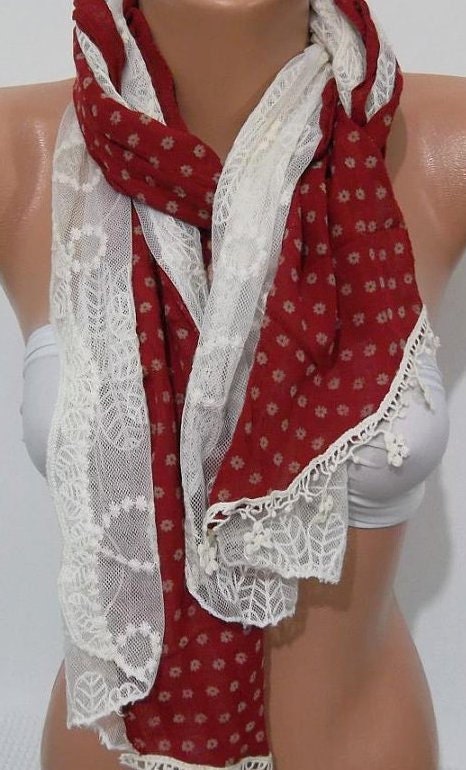 Red -- Shabby Chic - Romantic Scarf  Elegant and feminie  Cotton and  Lace