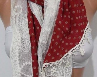 Red -- Shabby Chic - Romantic Scarf  Elegant and feminie  Cotton and  Lace