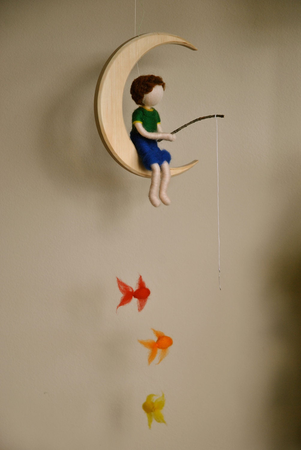Boys Mobile Waldorf inspired needle felted : The fishing boy  in the moon with three fishes.